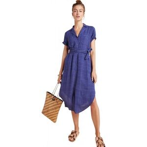 MAEVE Anthropologie Aria Textured Linen Navy Blue Shirtdress Midi Shirt Dress